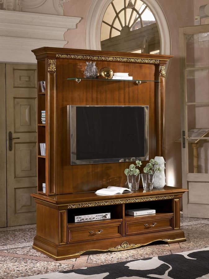 Classic tv stand in carved wood, gold leaf finish IDFdesign