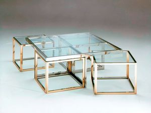 Pi , Coffee tables made of stainless steel and brass, glass top