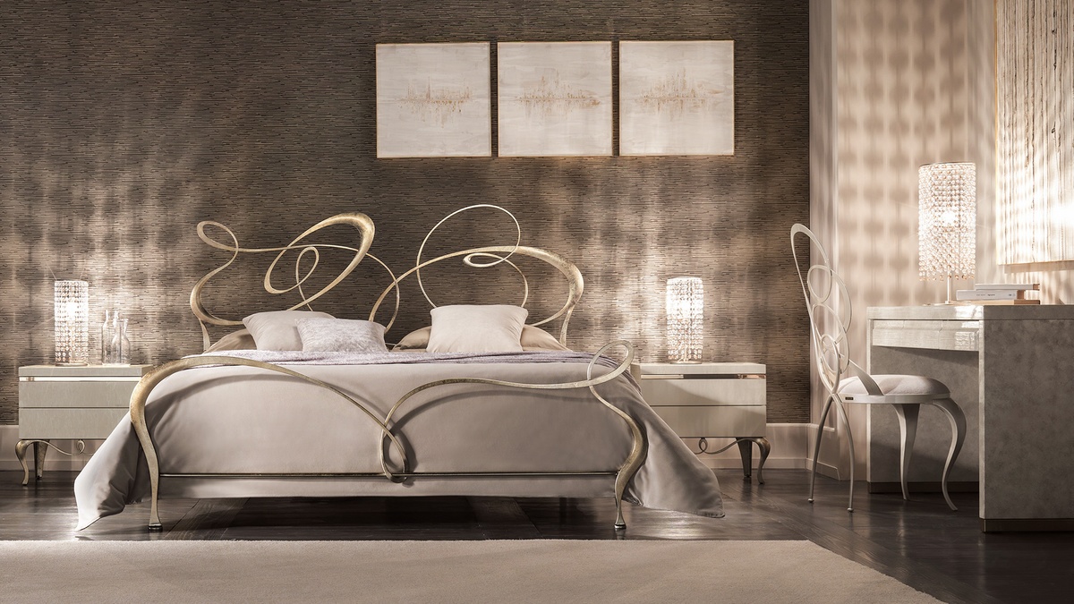 Ghirigori bed, Double bed in flat drawn iron, laser cut finishes