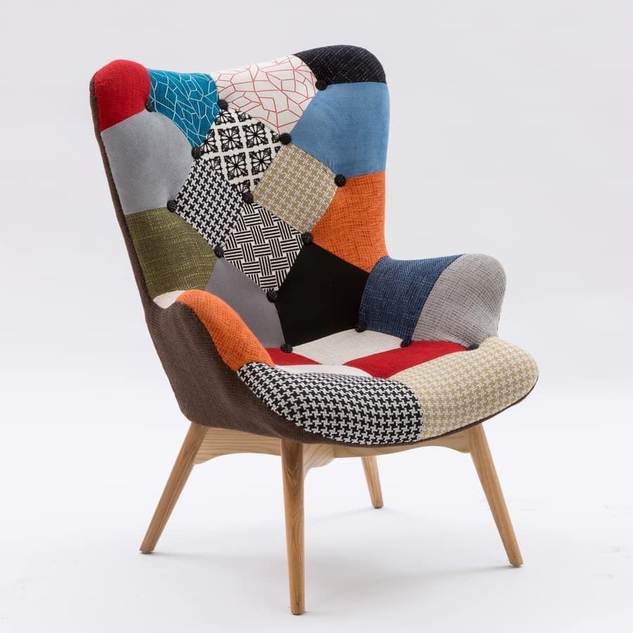Art. 420 Sweethome, Padded armchair with wooden base, patchwork upholstery