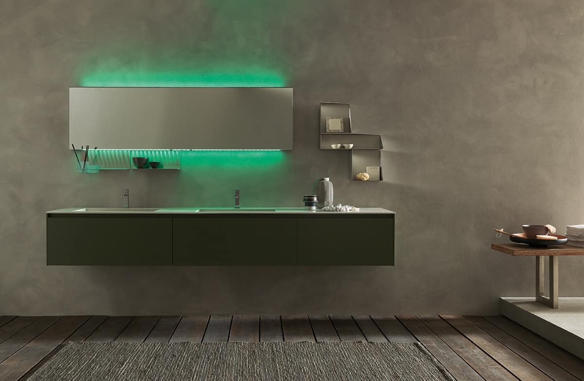 Bathroom furniture with double stoneware washbasin, moss green finish ...