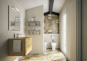 Dressy comp.04, Matte mustard bathroom cabinet with glass washbasin