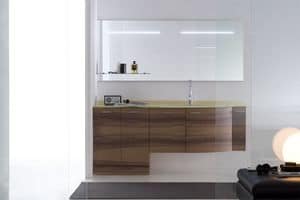 Up & Down 03, Large bathroom cabinet, in walnut, with top and integrated sink in glass