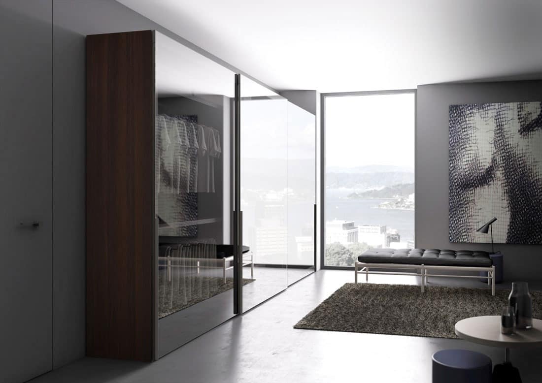 Vitrum, Wardrobe in burnished aluminum and clear glass doors