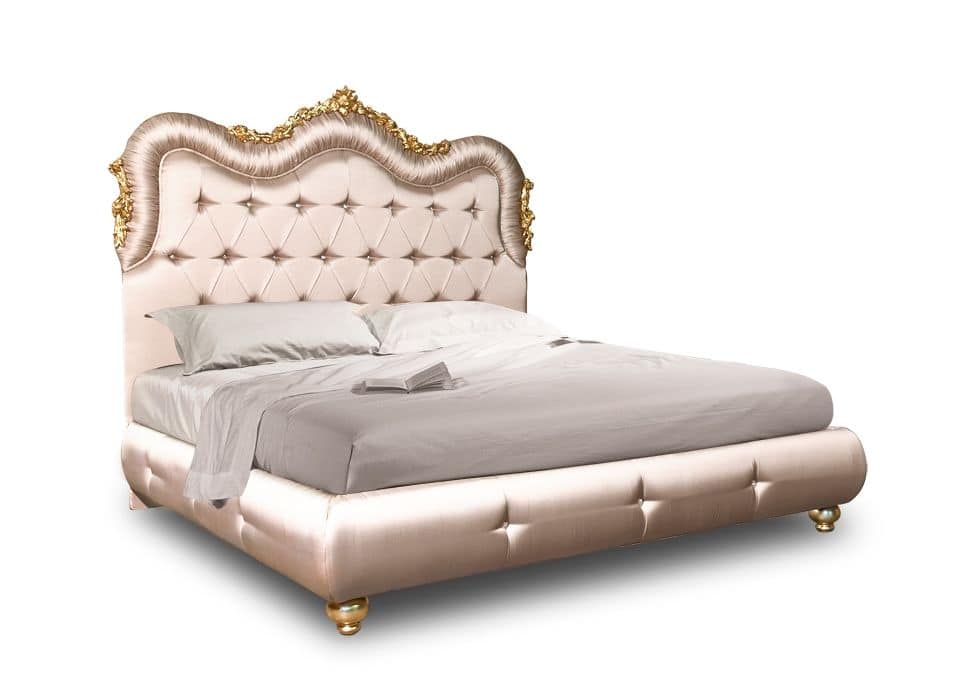 Art. 2430 Marie, Elegant bed with classic style, padding tufted with Swarovski, gold leaf carvings