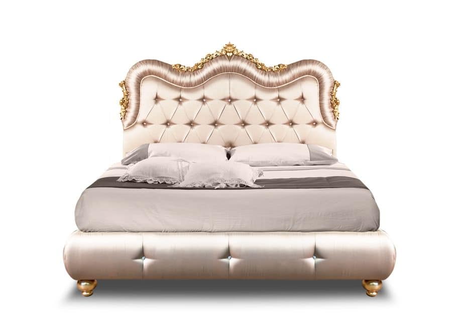 Art. 2430 Marie, Elegant bed with classic style, padding tufted with Swarovski, gold leaf carvings