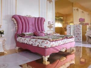 Le Rose Bed, Carved wooden bed, upholstered frame and headboard