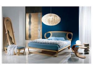 LE15 Iride, Inlaid wood bed, upholstered headboard, for bedrooms