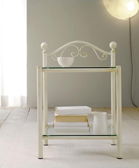 Lina Bedside Table, Bedside table in painted iron and 2 glass shelves