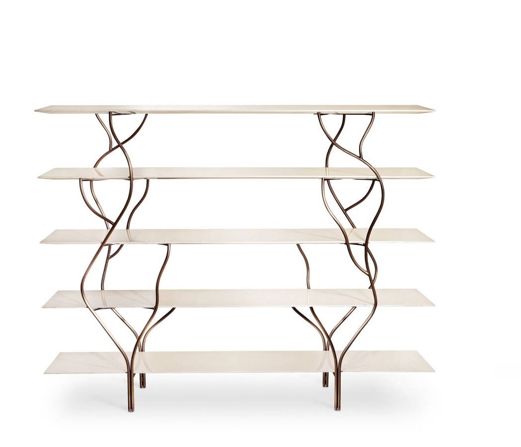 Albero bookcase, Bookshelf with curved frame in hand-polished metal