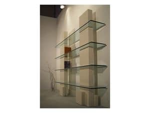 Cube bookcase, Library with stone structure and shelves in glass
