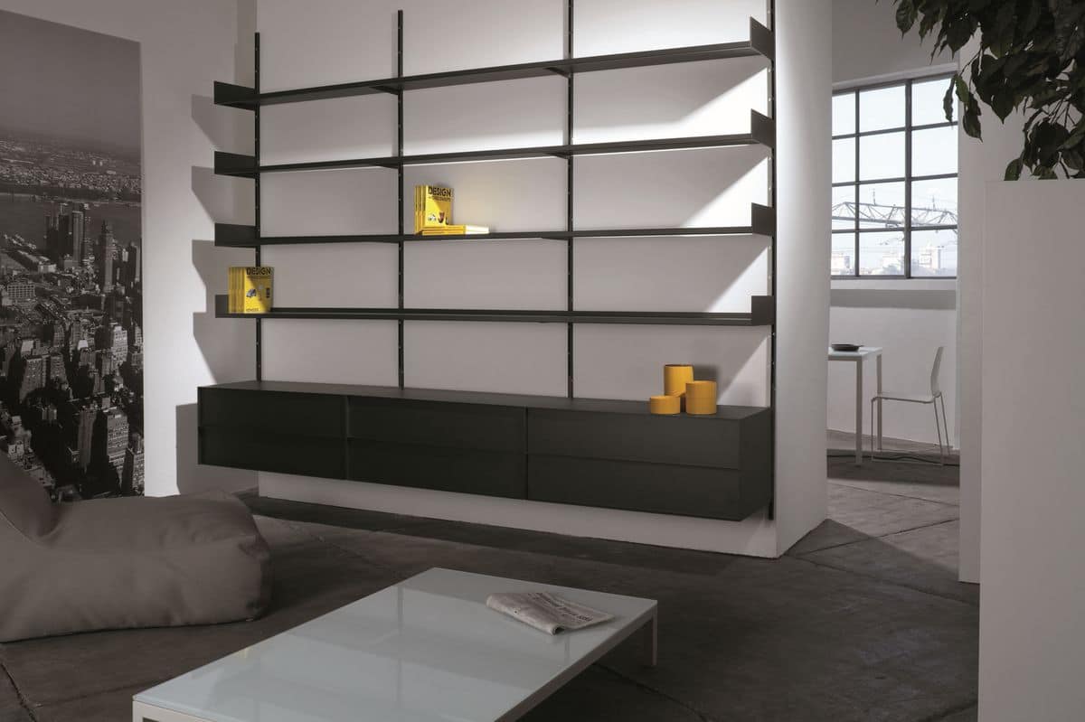 Elle System Living, Wall bookcase, modular, in lacquered metal, for livingroom
