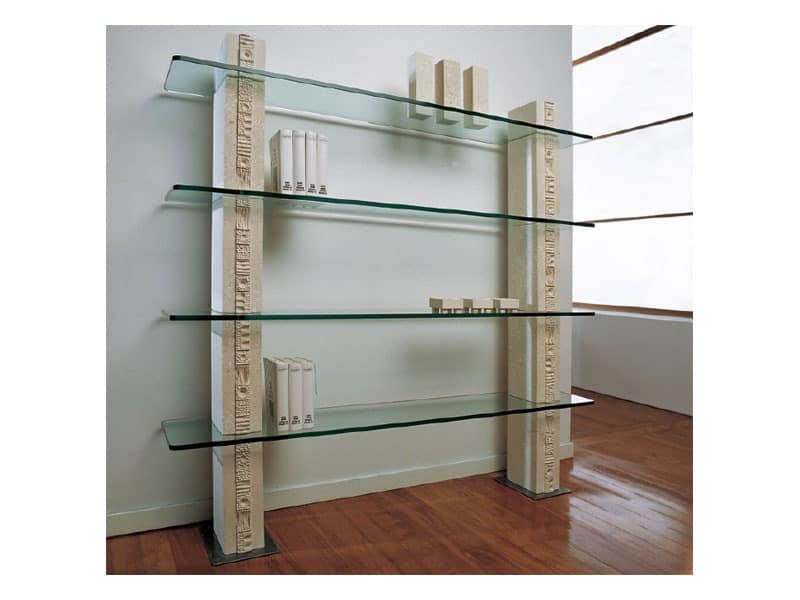 Etnica Bookcase, White stone bookcase, with glass shelves