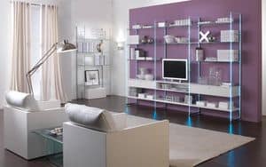 Glassystem COM/GS5, Linear Bookcases, living room furniture, glass structure, wooden shelves or glass shelves