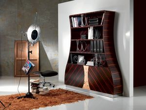 LB13 Cartesio bookcase, Bookcase in Makassar ebony curved wood, floral decorations