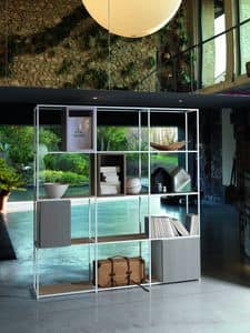 FOSTER composition living, Aluminum design bookcase with oak shelves