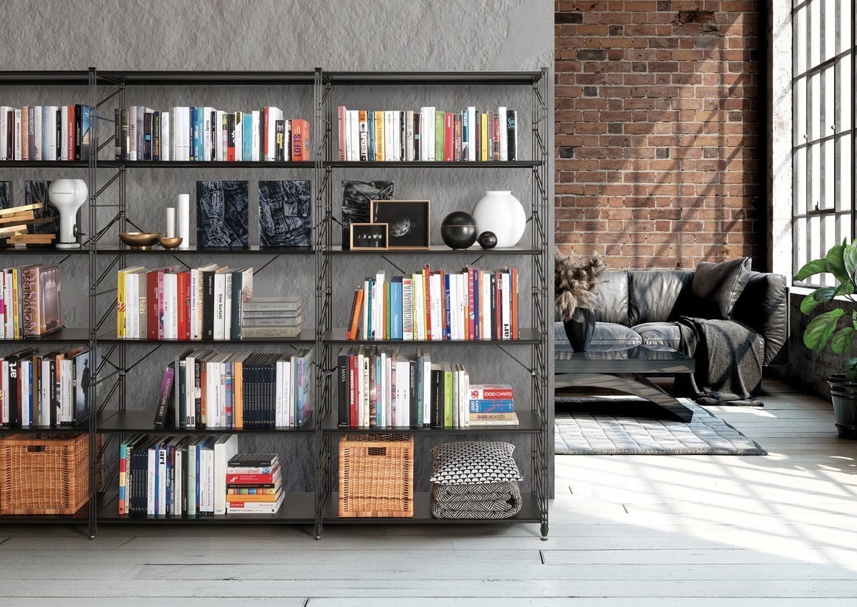Socrate, Metal bookcase with tempered glass shelves