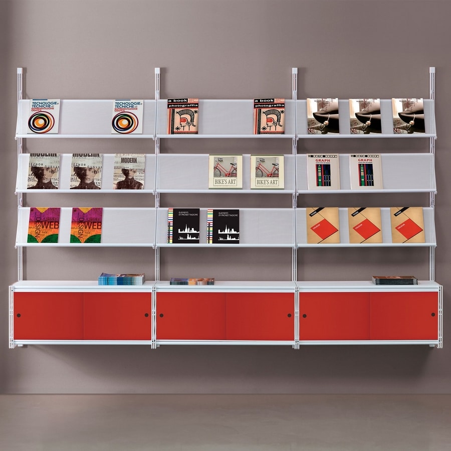 Socrate wall 2, Wall bookcase with glass shelves, various accessories