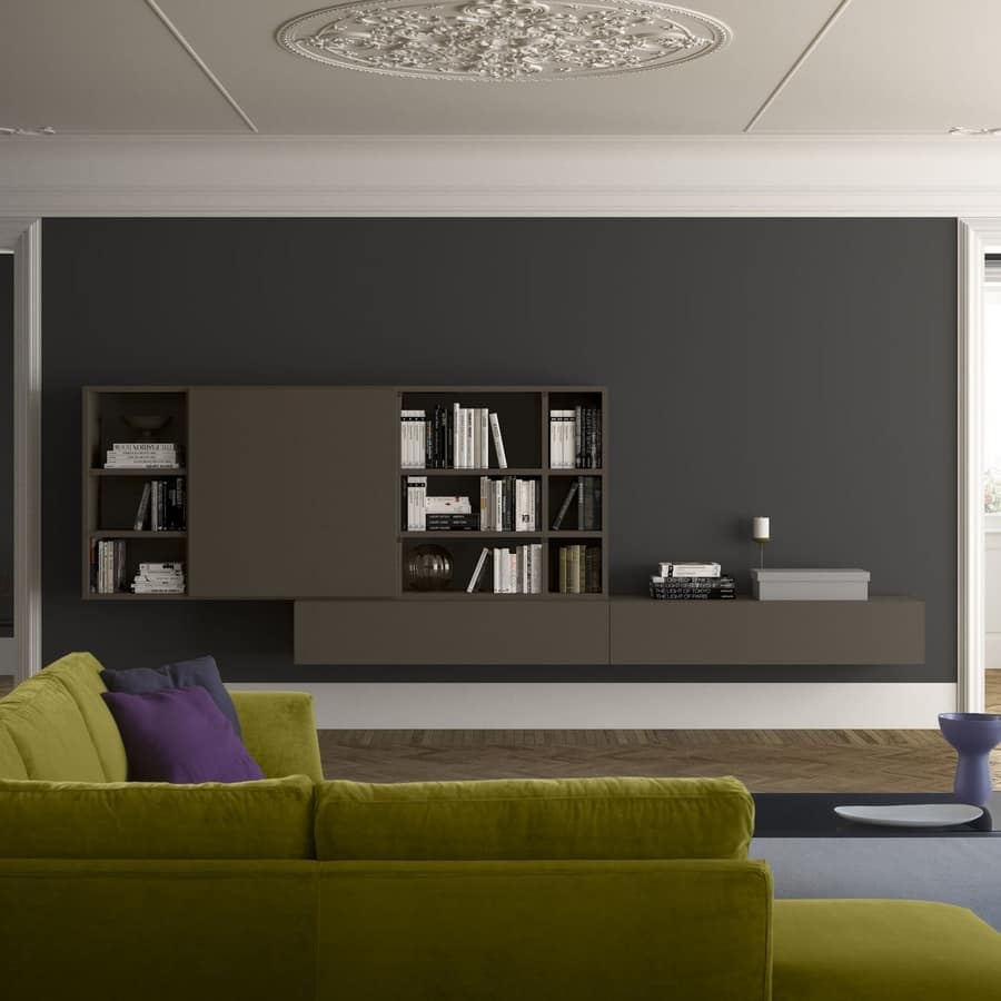 Spazioteca SP024, Modern wall bookcase in wood, in contemporary style