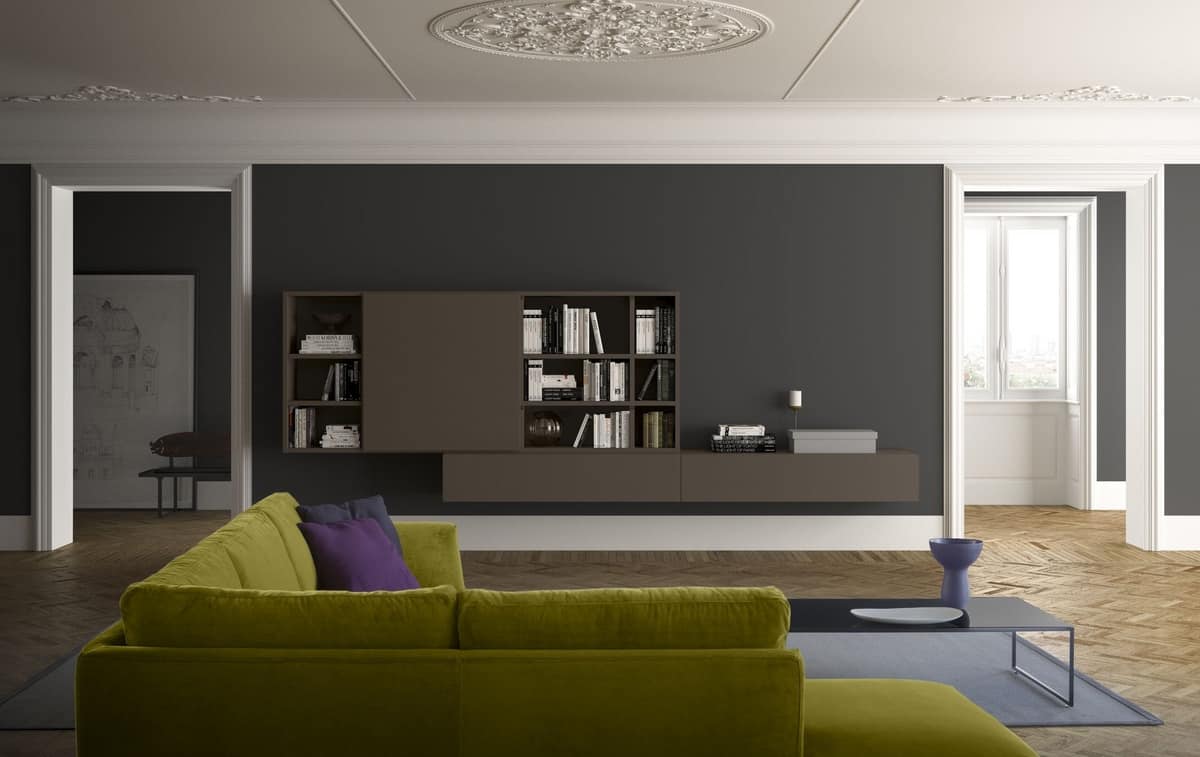 Spazioteca SP024, Modern wall bookcase in wood, in contemporary style