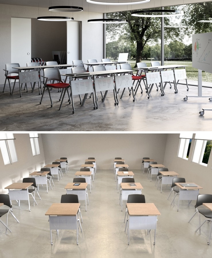 Pitagora, Table with folding top, stackable horizontally, for classroom and conference room