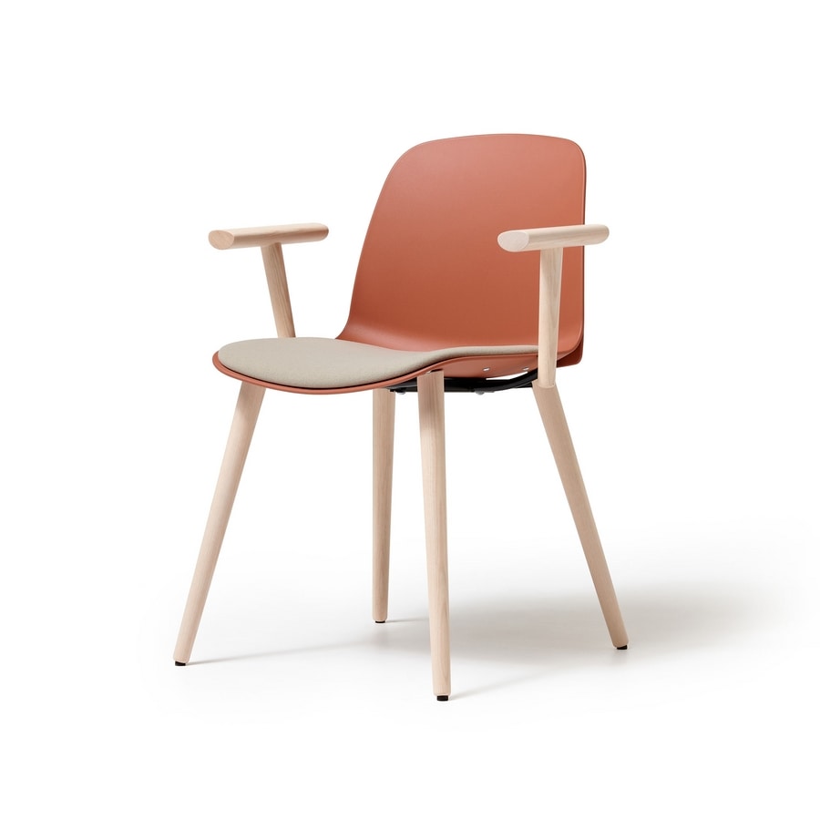 Kire 4 wooden legs with armrests, Wooden chair with polypropylene shell