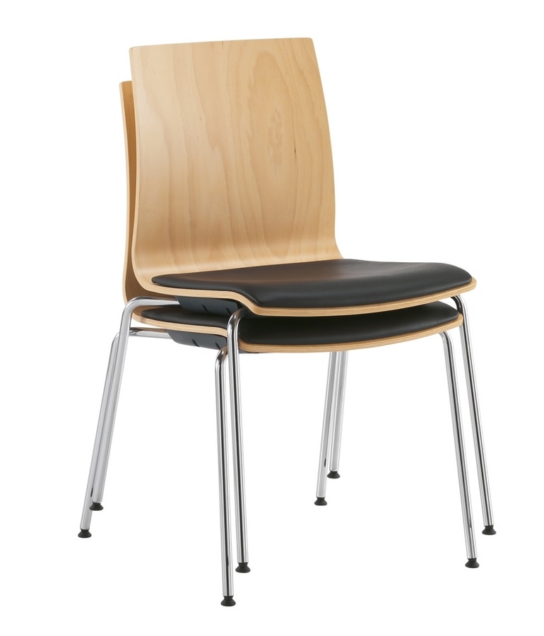 Q2 W, Stackable chair, with wooden shell and padded seat