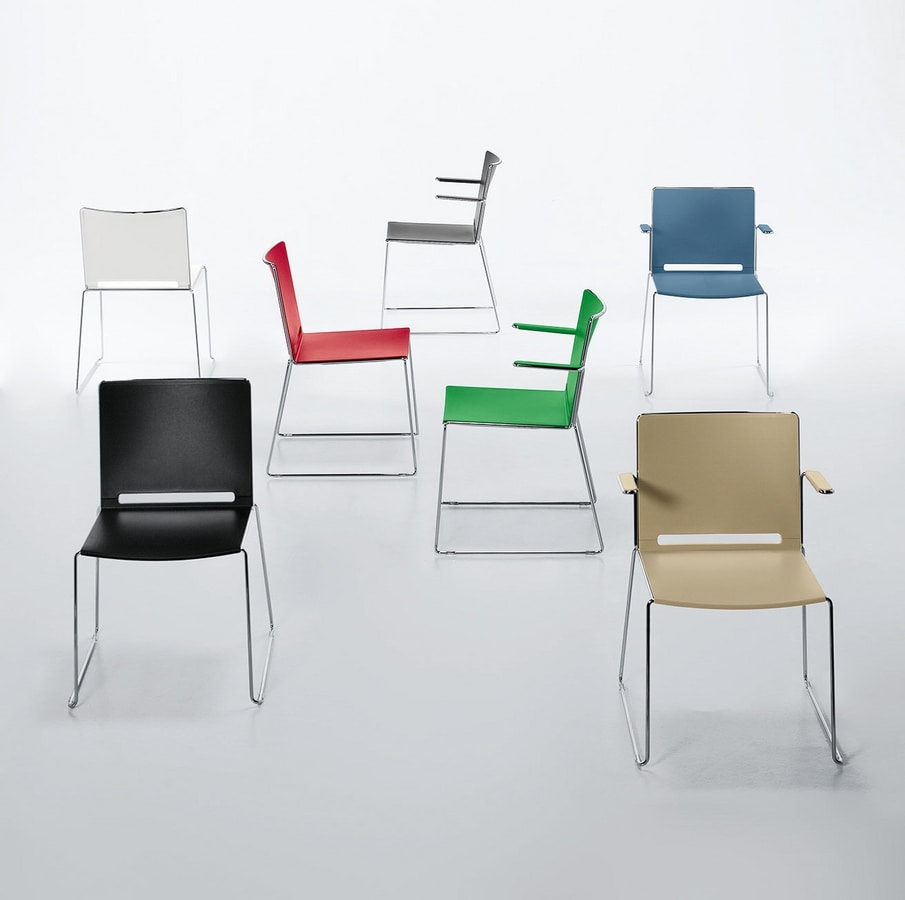 Easy, Stackable chair in metal and polypropylene, with armrests