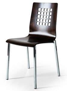 044Q, Chair with metal base, shell in beech with perforated back
