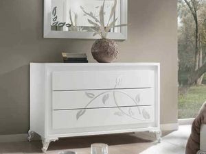 Camelia chest of drawers, Chest of drawers, in white lacquered wood, with silver decorations