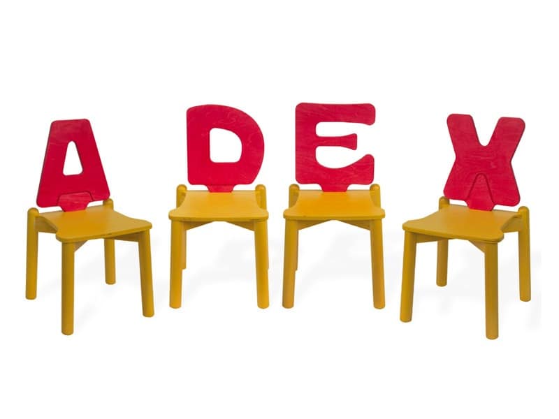LETTERANDIA, Chairs for children, backrest shped like a letter of the alphabet, for play areas and kindergartens