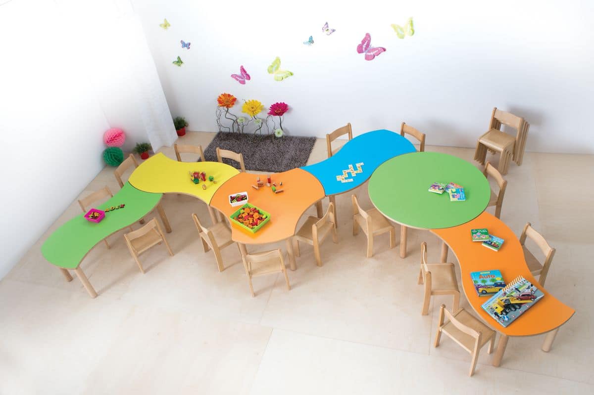 ONDA, Modular table for children, rounded edges and corners, different colors and shapes, for kindergartens and nursery schools