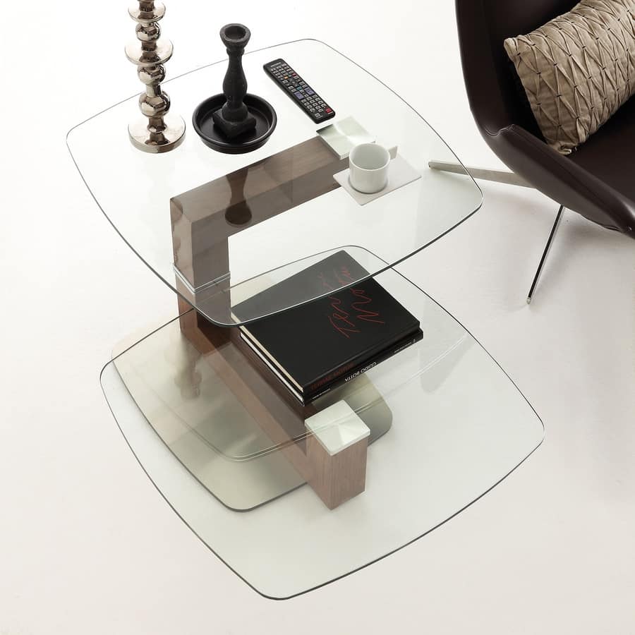 Art. 844 Tolomeo, Modern coffee table in glass and walnut, with swivel top