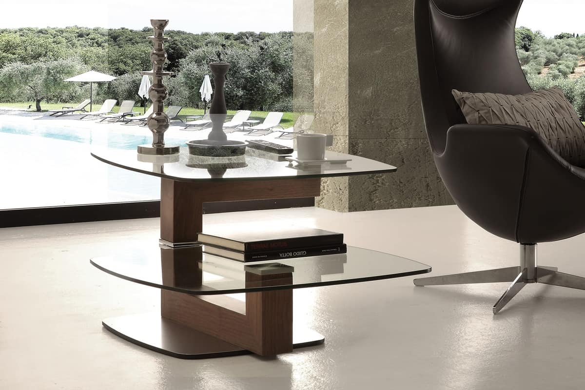 Art. 844 Tolomeo, Modern coffee table in glass and walnut, with swivel top
