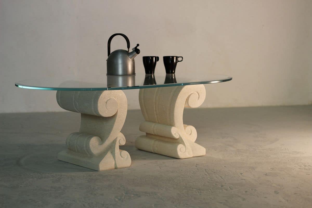 Eliseo, Coffee table with double base in stone carved by hand