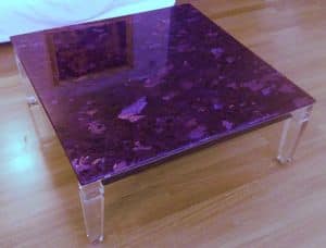 Lucretia Table 3, Square coffee table in methacrylate, marble top, for the center hall