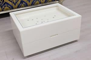 Lugano, Table with jewelery box compartment, white lacquer, glass top