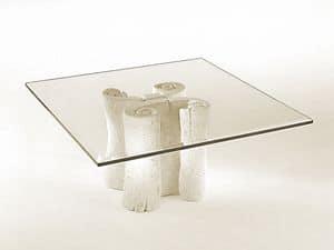 Pergamena, Coffee table with square top in glass, stone base