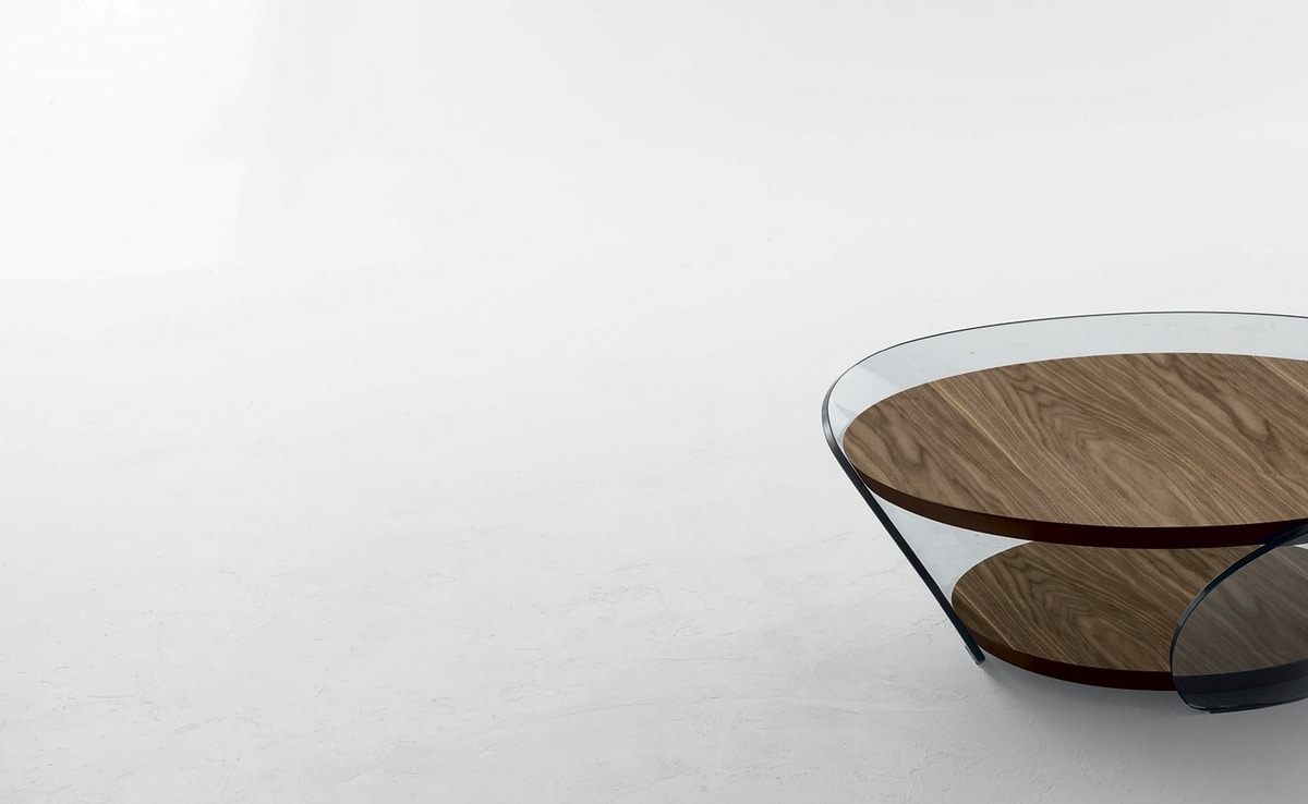 RAFFAELLO, Curved glass coffee table and wood-covered shelves