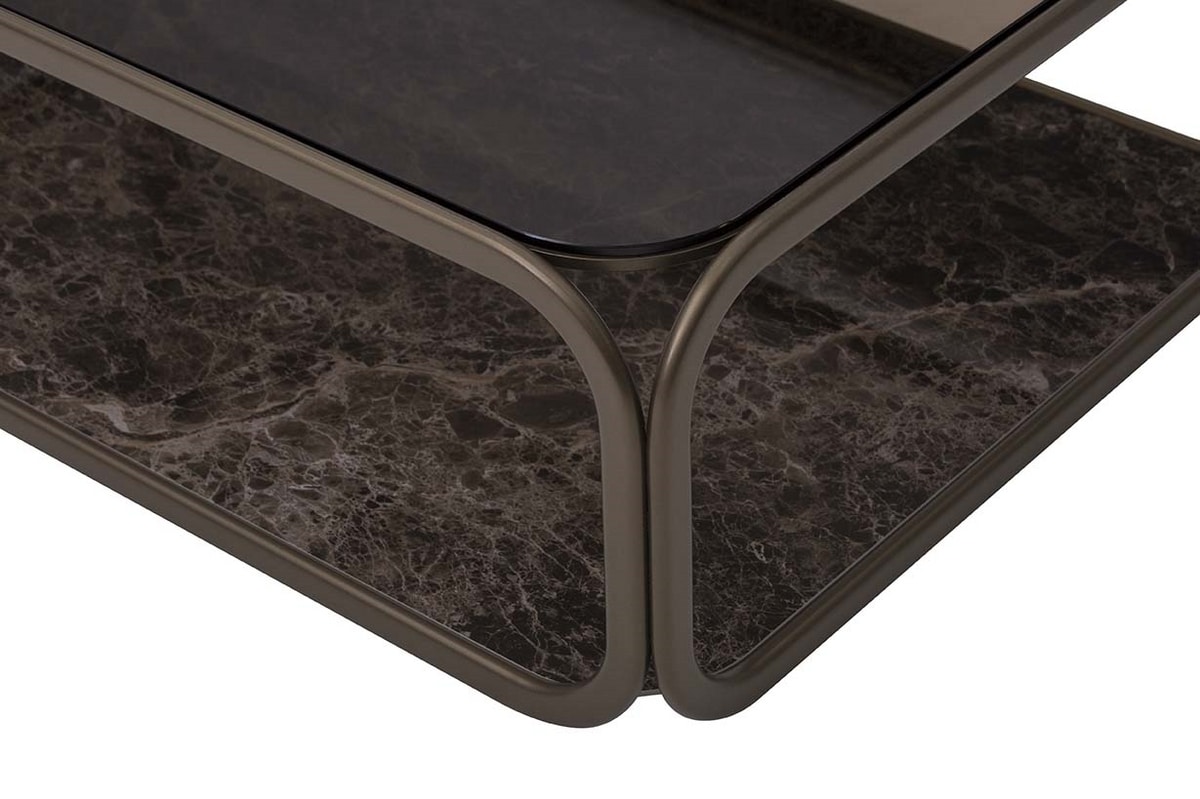 REMIND, Small tables with metal frame, glass top and porcelain stoneware base