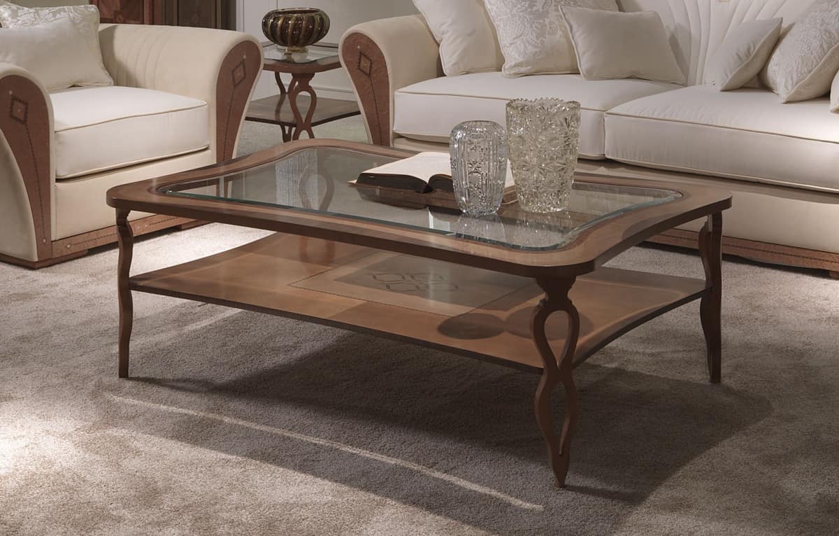 TL56 Charme tavolino, Rectangular coffee table, in inlaid wood, with shelf