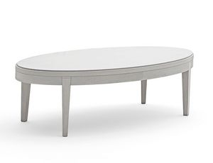 Toffee 885, Oval coffee table with solid beechwood frame, top in tempered lacquered glass
