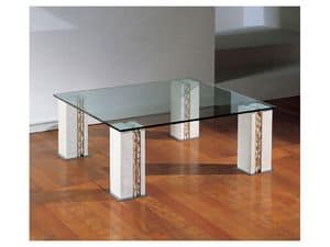 Tracce, Table with 4 legs in stone, top in glass