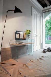 ALTAMURA, Curved glass console, with wooden shelve, for the entrance