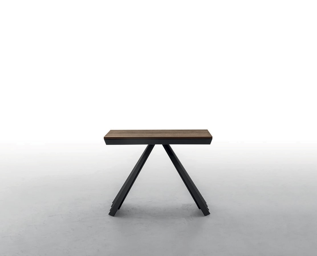 VENTAGLIO 
CONSOLLE, Console with shaped lacquered metal base
and wood-effect tops