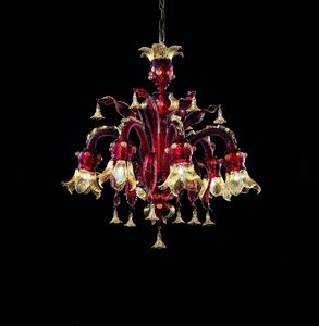 Art. VO 106/L/6, Red glass chandelier with gold decorations