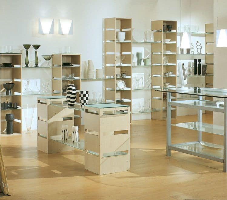 Aury 21/RE, Exhibitor modern, glass shelves, for shops and boutiques