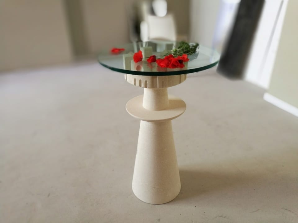Agorà, Table with glass top, carved stone base