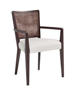 C39, Armchair with arms in solid wood, upholstered and fabric covering seat, mesh backrest, for contract use