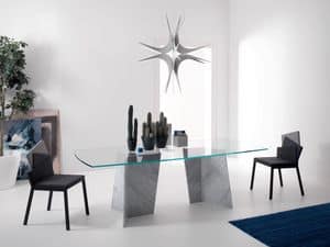 Carrara 575, Table with marble base, Dining table, Table with top in glass Modern house, Living Room, Dining Room